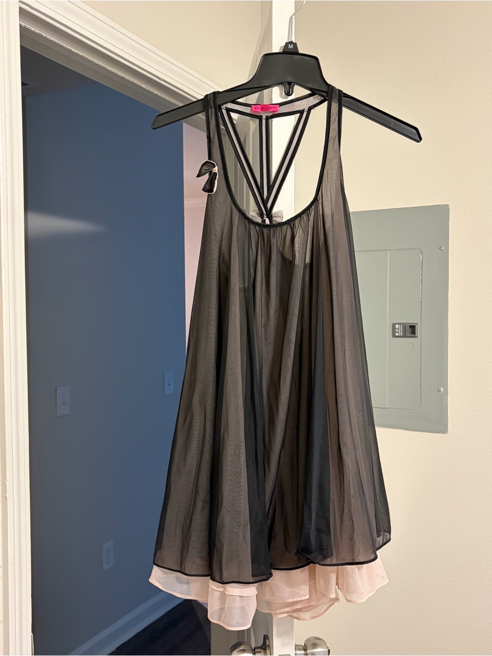 Black Sheer Layered Babydoll Dress with Pink Underlay